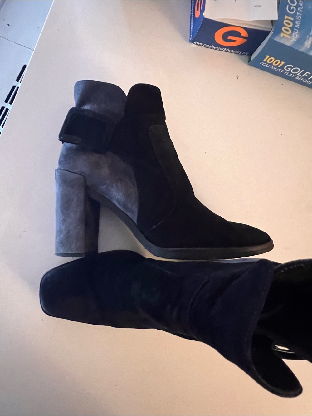 Roger Vivier Two-Tone Suede Block Heel Ankle Boots - Black & Gray